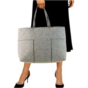 Tory Burch Block-T Functional grey Felt wool metallic leather large Tote bag